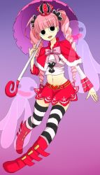 Rule 34 | 1girl, black stripes, black thighhighs, blunt bangs, bow, cape, capelet, crown, drill hair, highres, long hair, long sleeves, midriff, navel, one piece, parasol, patterned legwear, perona, pink hair, red cape, red footwear, red skirt, shoes, skirt, striped clothes, striped thighhighs, thighhighs, twintails, two-tone stripes, umbrella, white stripes, white thighhighs