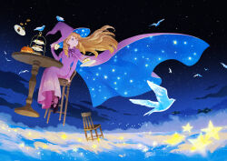 1girl bird blonde_hair blue_eyes chair cloak cloud commentary_request commission cup floating flying food hat holding holding_cup long_hair midair monaka_(siromona) night night_sky on_chair original outdoors pantyhose plate purple_cloak purple_hair purple_hat purple_pantyhose purple_robe robe skeb_commission sky solo star_(sky) star_(symbol) star_print starry_sky table teacup two-sided_cloak two-sided_fabric witch witch_hat