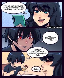 Rule 34 | 1boy, 1girl, 3koma, artist name, black eyes, black hair, blue eyes, butter sugoi, candy, cellphone, chair, chocolate, chocolate bar, closed eyes, comic, english text, food, highres, holding, holding phone, no nut november, original, phone, red eyes, sitting, smartphone, sweat, table, thick eyebrows, too literal