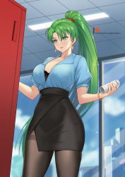 Rule 34 | 1girl, black bra, blue shirt, bra, breasts, can, canned coffee, ceiling, chungmechanic, cleavage, closed eyes, contemporary, cowboy shot, day, drink can, earrings, female focus, fire emblem, fire emblem: the blazing blade, green eyes, green hair, highres, indoors, jewelry, large breasts, lips, long hair, lyn (fire emblem), matching hair/eyes, nintendo, office lady, open clothes, open shirt, pantyhose, patreon username, pencil skirt, ponytail, shirt, shirt tucked in, skirt, solo, thighband pantyhose, tile ceiling, tiles, underwear, very long hair, wide hips