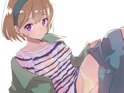 Rule 34 | 1girl, alternate costume, bandaid, bandaid on face, brown hair, caburi, casual, clothes pull, covered erect nipples, denim, denim skirt, green jacket, highres, jacket, kantai collection, looking at viewer, lying, oboro (kancolle), on side, open clothes, panties, purple eyes, see-through, shirt, short hair, skirt, skirt pull, solo, striped clothes, striped shirt, underwear, white panties, white shirt