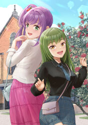 Rule 34 | 2girls, absurdres, aqua bag, back-to-back, bag, black sweater, blue necktie, breasts, brown bag, building, commentary request, green eyes, green hair, hair ornament, hairclip, height difference, highres, jacket, kobassy, link! like! love live!, long hair, long sleeves, looking at viewer, love live!, medium breasts, multiple girls, necktie, oogami sachi, open mouth, orange eyes, otomune kozue, outdoors, pink skirt, purple hair, shoulder bag, side ponytail, skirt, standing, sweater, upper body, virtual youtuber, white jacket