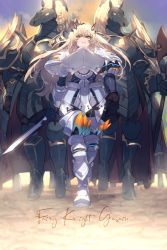 Rule 34 | 1girl, armor, blonde hair, breastplate, breasts, echo (circa), barghest (fate), barghest (first ascension) (fate), fate/grand order, fate (series), faulds, female knight, gauntlets, greaves, green eyes, horns, knight, large breasts, long hair, looking at viewer, pauldrons, shoulder armor, solo focus, sword, weapon