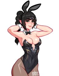 Rule 34 | 1girl, animal ears, baldur&#039;s gate, baldur&#039;s gate 3, bare arms, black bow, black bowtie, blush, blushyspicy, bow, bowtie, braid, braided ponytail, breasts, brown eyes, brown pantyhose, cleavage, closed mouth, detached collar, dungeons &amp; dragons, fake animal ears, hair ornament, half-closed eyes, hands up, highres, leotard, long hair, looking at viewer, medium breasts, pantyhose, playboy bunny, pointy ears, rabbit ears, shadowheart (baldur&#039;s gate), shiny clothes, shiny skin, smile, solo, wrist cuffs