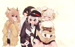 Rule 34 | 4boys, animal ears, arm grab, black eyes, black hair, black headwear, black legwear, black neckwear, black shirt, black shorts, blonde hair, blunt bangs, brown cardigan, brown hair, brown sweater, buttons, cardigan, closed eyes, collared shirt, cow boy, cow boy (tsubaki tsubaru), cow ears, cow horns, cow tail, crying, crying with eyes open, curly hair, deer boy, deer boy (tsubaki tsubaru), deer ears, eating, finger cots, finger gloves, flying sweatdrops, goat boy, goat boy (tsubaki tsubara), goat tail, hair between eyes, hat, holding, holding stuffed toy, horizontal pupils, horns, letter, long sleeves, love letter, multiple boys, necktie, original, paper, sheep, sheep boy, sheep boy (tsubaki tsubara), sheep ears, sheep horns, shirt, short hair, short hair with long locks, shorts, signature, sleepy, sleeves past wrists, smile, star (symbol), stuffed animal, stuffed sheep, stuffed toy, suspender shorts, suspenders, sweater, tail, tears, thighhighs, tsubaki tsubaru, white hair, white legwear, white shirt, yellow background, yellow eyes