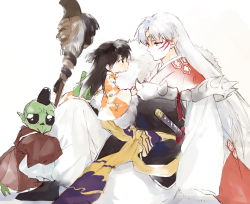 Rule 34 | 1girl, 2boys, armor, black eyes, black hair, facepaint, facial mark, forehead mark, fur, hat, highres, inuyasha, jaken, japanese clothes, katana, kimono, hugging own legs, loli bushi, long hair, looking at another, multiple boys, pointy ears, red eyes, rin (inuyasha), robe, scabbard, sesshoumaru, sheath, sheathed, simple background, sitting, sleeves past wrists, staff, sword, tokin hat, weapon, white background, white hair, wide sleeves