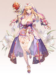 Rule 34 | 1girl, blonde hair, breasts, cleavage, cross, destiny child, dress, flower, full body, garter straps, green eyes, highres, holding, holding staff, kkuem, large breasts, light brown hair, long dress, long hair, miriam (destiny child), original, purple dress, purple footwear, shadow, simple background, skindentation, solo, staff, thighhighs, white flower, white thighhighs