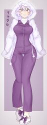 Rule 34 | 1girl, adapted costume, blush, breasts, chibiriteraru, closed mouth, commentary, contrapposto, full body, fur trim, grey background, highres, hood, hoodie, large breasts, letty whiterock, looking at viewer, purple eyes, purple hair, short hair, smile, solo, touhou, white footwear, white hoodie
