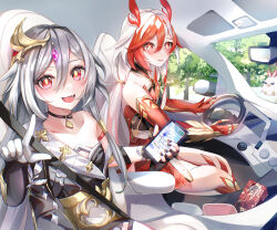 2girls absurdres black_nails breasts car_interior cellphone chinese_clothes collarbone commentary_request ec44gp4lflmi1wz fu_hua fu_hua_(garuda) fu_hua_(herrscher_of_sentience) gem gps grey_hair hair_between_eyes hair_ornament highres holding holding_phone honkai_(series) honkai_impact_3rd long_hair multicolored_hair multiple_girls nail_polish open_mouth phone pointing pointing_at_viewer purple_gemstone red_eyes red_hair single_off_shoulder sitting small_breasts smartphone smile two-tone_hair white_hair yellow_pupils