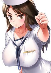 Rule 34 | 10s, 1girl, amasora taichi, blush, breasts, brown eyes, brown hair, clenched hand, closed mouth, commentary request, dixie cup hat, girls und panzer, hat, highres, large breasts, long hair, looking at viewer, military hat, murakami (girls und panzer), neckerchief, ooarai naval school uniform, school uniform, short sleeves, simple background, solo, standing, white background
