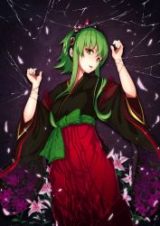 Rule 34 | 1girl, bound, flower, green eyes, green hair, gumi, highres, japanese clothes, kamome yuu, kimono, long hair, looking at viewer, matching hair/eyes, restrained, short hair with long locks, silk, solo, spider web, tied up, vocaloid