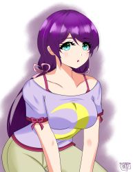 Rule 34 | 1girl, :o, artist name, artist request, blush, breasts, cheesy zeperoni, collarbone, female focus, green eyes, highres, light brown pants, long hair, looking at viewer, love live!, love live! school idol festival, love live! school idol project, medium breasts, moon symbol, purple hair, purple shirt, red shirt, shirt, solo, tojo nozomi, twintails, under shirt, undershirt