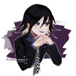Rule 34 | 1boy, alternate costume, artist name, black hair, black jacket, checkered clothes, checkered necktie, checkered neckwear, commentary, cropped torso, danganronpa (series), danganronpa v3: killing harmony, english commentary, hair between eyes, hands up, highres, interlocked fingers, jacket, long sleeves, lower teeth only, male focus, necktie, open clothes, open jacket, open mouth, oma kokichi, pastahands, purple background, purple eyes, smile, solo, teeth, upper body, white background