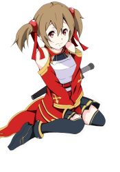 Rule 34 | 10s, 1girl, armor, bad id, bad pixiv id, black thighhighs, breastplate, breasts, brown hair, fingerless gloves, gloves, red eyes, short hair, short twintails, silica, skirt, solo, sword art online, thighhighs, twintails, ye mei