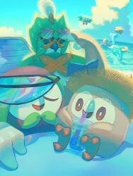 Rule 34 | adjusting eyewear, beach, book, bright pupils, brown eyes, closed eyes, cloud, commentary request, creatures (company), cup, dartrix, day, decidueye, drinking, drinking straw, evolutionary line, game freak, gen 1 pokemon, gen 7 pokemon, highres, holding, holding cup, lapras, mokukitusui, nintendo, no humans, outdoors, pokemon, pokemon (creature), rowlet, shadow, shiny and normal, shiny pokemon, sky, sunglasses, water