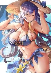 Rule 34 | 1girl, bag, bare shoulders, bikini, blue sky, braid, breasts, cleavage, cloud, collarbone, commentary request, dagger, granblue fantasy, hat, highres, himuro shunsuke, holding, holding clothes, holding hat, knife, large breasts, long hair, looking at viewer, navel, palm tree, parted lips, sarong, satchel, silva (granblue fantasy), silver hair, sky, smile, straw hat, swimsuit, thigh strap, tree, twin braids, weapon, yellow eyes