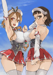Rule 34 | 10s, 2girls, arm up, armpits, asanagi, ass, bare back, blue sky, breasts, brown eyes, brown hair, corset, cowboy shot, day, detached sleeves, elbow gloves, eyewear strap, from behind, glasses, gloves, headgear, highres, huge breasts, kantai collection, large breasts, light brown hair, littorio (kancolle), looking back, microskirt, multiple girls, outdoors, roma (kancolle), short hair, sideboob, skirt, sky, smile, thighhighs, twintails, underbust, white legwear