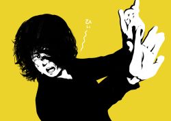 Rule 34 | 1girl, absurdres, black hair, black shirt, chanta (ayatakaoisii), flat color, hands up, highres, limited palette, long sleeves, medium hair, open mouth, original, shadow, shirt, simple background, solo, yellow background, yellow theme