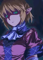 Rule 34 | 1girl, arm warmers, ascot, bad id, bad pixiv id, blonde hair, breasts, dark, female focus, from below, glowing, glowing eyes, green eyes, kuro-route96, lips, looking at viewer, looking down, medium breasts, mizuhashi parsee, nose, pointy ears, shaded face, shadow, short hair, simple background, solo, touhou, tsukira (amayadori), upper body