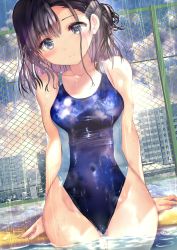 Rule 34 | 1girl, absurdres, black hair, blue eyes, blue one-piece swimsuit, breasts, chain-link fence, cityscape, cloud, commentary request, competition swimsuit, covered navel, cowboy shot, dutch angle, fence, highres, long hair, looking at viewer, medium hair, ogata tei, one-piece swimsuit, one side up, original, poolside, rain, short hair, small breasts, solo, swimsuit, water