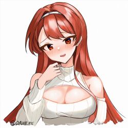Rule 34 | 1girl, bare shoulders, blush, breasts, cleavage, cleavage cutout, clothing cutout, detached sleeves, dimos (dawn 1945), hairband, highres, kantai collection, large breasts, long hair, looking at viewer, meme attire, nevada (kancolle), open-chest sweater, open mouth, red eyes, red hair, ribbed sweater, simple background, solo, sweater, turtleneck, turtleneck sweater, twitter username, upper body, white background, white hairband, white sweater