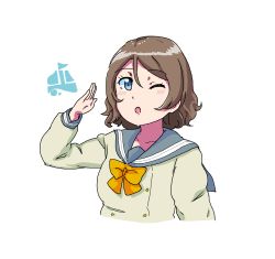 Rule 34 | 1girl, ;o, aqua eyes, artist name, artist request, blue eyes, blush, bow, bowtie, breasts, brown hair, buttons, collarbone, collared shirt, female focus, grey hair, grey sailor collar, hair between eyes, highres, light brown hair, long sleeves, looking at viewer, love live!, love live! sunshine!!, medium breasts, one eye closed, parted lips, sailor collar, salute, school uniform, shirt, short hair, smile, solo, upper body, uranohoshi school uniform, watanabe you, white background, white shirt, yellow bow, yellow bowtie, yellow buttons