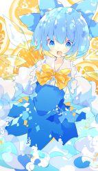 Rule 34 | 1girl, blue bow, blue dress, blue eyes, blue hair, bow, bowtie, cirno, commentary request, cowboy shot, detached wings, dress, food, fruit, hair bow, highres, ice, ice wings, lemon, lemon slice, long sleeves, nikorashi-ka, open mouth, puffy sleeves, short hair, solo, touhou, white background, wings, yellow bow, yellow bowtie