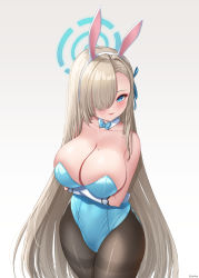 Rule 34 | 1girl, absurdres, animal ears, arms under breasts, asuna (blue archive), asuna (bunny) (blue archive), bare shoulders, blue archive, blue eyes, blue leotard, blush, bow, bowtie, breasts, brown pantyhose, cleavage, crossed arms, detached collar, elbow gloves, elsynien, fake animal ears, gloves, hair over one eye, halo, highleg, highleg leotard, highres, large breasts, leotard, light brown hair, long hair, looking at viewer, mole, mole on breast, pantyhose, parted lips, playboy bunny, rabbit ears, smile, solo, thighs, traditional bowtie, very long hair, white gloves