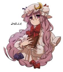 Rule 34 | 1girl, alternate hairstyle, bespectacled, book, bow, bowtie, braid, capelet, chabi (amedama), crescent, dated, glasses, hair bow, hair ornament, hat, hat bow, long hair, long sleeves, looking at viewer, mob cap, patchouli knowledge, purple eyes, purple hair, simple background, solo, touhou, twin braids, upper body, vest, white background