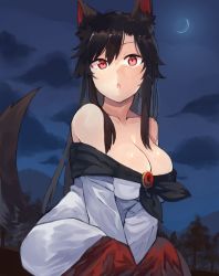 Rule 34 | 1girl, :o, animal ear fluff, animal ears, bad id, bad pixiv id, bare shoulders, black hair, blue sky, breasts, brooch, cloud, collarbone, commentary request, crescent moon, dress, feet out of frame, hair between eyes, imaizumi kagerou, jewelry, large breasts, long hair, long sleeves, looking at viewer, moon, mountain, night, night sky, off-shoulder dress, off shoulder, outdoors, parted lips, red eyes, sidelocks, sitting, sky, solo, suminagashi, tail, touhou, tree, white dress, wolf ears, wolf tail