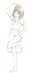 Rule 34 | 1girl, barefoot, dress, full body, glasses, hand on own hip, hand on own head, long hair, monochrome, original, short hair, sketch, smile, solo, standing, standing on one leg, traditional media, yoshitomi akihito
