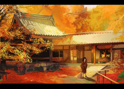 Rule 34 | 1boy, architecture, autumn leaves, black hair, broom, building, child, cleaning, dated commentary, day, east asian architecture, facial mark, garden, highres, holding, holding broom, japanese clothes, kimetsu no yaiba, kimono, letterboxed, long sleeves, medium hair, outdoors, railing, red kimono, sandals, shadow, solo, standing, torn clothes, tree, tsugikuni yoriichi, wuya (zhalv), zouri