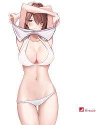 Rule 34 | 1girl, ;(, arms up, blush, bra, breasts, cleavage, cowboy shot, gluteal fold, highres, higuchi madoka, idolmaster, idolmaster shiny colors, large breasts, looking at viewer, midriff, minusk9, navel, panties, red eyes, red hair, simple background, solo, sweatdrop, tank top, thigh gap, underwear, undressing, white background, white bra, white panties, white tank top