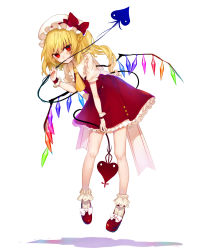 Rule 34 | 1girl, absurdres, ascot, bent over, biting, blonde hair, daimaou ruaeru, flandre scarlet, floating, hat, hat ribbon, highres, laevatein, leaning forward, looking at viewer, miniskirt, mob cap, puffy short sleeves, puffy sleeves, red eyes, red skirt, ribbon, sash, shirt, short sleeves, side ponytail, skirt, skirt set, solo, touhou, wings