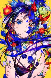 Rule 34 | 1girl, absurdres, bare arms, bare shoulders, black dress, blue eyes, blue flower, blue hair, blue nails, blue rose, breasts, cleavage, commentary request, dress, floating hair, flower, green flower, hetero, highres, long hair, looking at viewer, medium breasts, mika pikazo, nail polish, original, parted lips, petals, red eyes, red flower, red rose, rose, simple background, sleeveless, sleeveless dress, solo, upper body, very long hair, white flower, yellow background