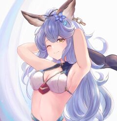 Rule 34 | animal ears, armpits, arms up, bikini, blue flower, blue hair, breasts, cleavage, erune, ferry (granblue fantasy), ferry (summer) (granblue fantasy), flower, granblue fantasy, hair flower, hair ornament, leonmandala, long hair, looking at viewer, medium breasts, official alternate costume, one eye closed, rabbit ears, sideboob, smile, solo, swimsuit, upper body, wavy hair, white background, white bikini