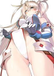 Rule 34 | 1girl, 92m, :&lt;, blonde hair, blue eyes, blush, bradamante (fate), bradamante (first ascension) (fate), braid, breasts, cameltoe, closed mouth, commentary request, crown braid, detached sleeves, fate/grand order, fate (series), from below, frontal wedgie, frown, gloves, gluteal fold, highres, leotard, leotard pull, long hair, medium breasts, simple background, solo, standing, sweat, thigh gap, twintails, very long hair, wedgie, white background