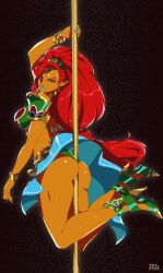 Rule 34 | 1girl, absurdres, ass, bare legs, between buttocks, bracelet, breasts, dark-skinned female, dark skin, earrings, female focus, full body, gerudo, green eyes, highres, jewelry, large breasts, lipstick, long hair, looking at viewer, makeup, nail polish, nintendo, pointy ears, pole dancing, r3dfive, red hair, ring, sarong, solo, the legend of zelda, the legend of zelda: breath of the wild, thick thighs, thighs, urbosa, very long hair