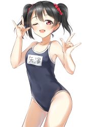 Rule 34 | 10s, 1girl, black hair, blue one-piece swimsuit, character name, collarbone, competition school swimsuit, cowboy shot, double m/, flat chest, highres, long hair, looking at viewer, love live!, love live! school idol festival, love live! school idol project, m/, name tag, nico nico nii, one-piece swimsuit, one eye closed, open mouth, red eyes, school swimsuit, school uniform, simple background, smile, solo, standing, swimsuit, twintails, white background, yazawa nico, yoshinon (yoshinon kotori)