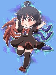 Rule 34 | 1girl, ahoge, asymmetrical wings, black dress, black hair, black thighhighs, blue wings, blush, buttons, dress, full body, hair between eyes, highres, houjuu nue, open mouth, red eyes, red footwear, red wings, rokugou daisuke, shoes, short hair, short sleeves, signature, solo, thighhighs, touhou, wings