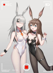Rule 34 | 2girls, :d, amiya (arknights), animal band, animal ears, arknights, battery indicator, black legwear, black leotard, black neckwear, bow, bowtie, breasts, brown hair, chinese commentary, clothing cutout, commentary request, dated, detached collar, fake animal ears, frostnova (arknights), green eyes, grey background, grey eyes, hair over one eye, heart cutout, heart o-ring, highres, kurosara, leotard, long hair, looking at viewer, medium breasts, mixed-language commentary, multiple girls, navel cutout, necktie, open mouth, pantyhose, playboy bunny, rabbit cutout, rabbit ears, rabbit girl, rabbit tail, recording, silver hair, simple background, small breasts, smile, standing, strapless, strapless leotard, tail, thigh strap, traditional bowtie, underboob cutout, white legwear, white leotard, wrist cuffs, yellow neckwear