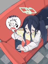 Rule 34 | 1girl, aris (blue archive), black hair, black hairband, black horns, blue archive, blush, blush stickers, cellphone, closed eyes, couch, hair between eyes, hairband, halo, highres, hina (blue archive), holding, holding phone, horns, long hair, long sleeves, lying, on stomach, one side up, open mouth, phone, pillow, punipuni123, purple eyes, shirt, smartphone, solo, speech bubble, spoken character, white hair, white shirt