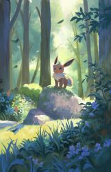 Rule 34 | commentary, creatures (company), eevee, falling leaves, flower, game freak, gen 1 pokemon, grass, highres, leaf, moss, motion blur, nature, nintendo, no humans, pokemon, pokemon (creature), renl0l, rock, solo, standing, tree