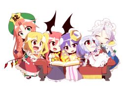Rule 34 | 6+girls, :d, ;d, ^ ^, bat wings, blonde hair, blue hair, blush, book, bow, braid, chibi, closed eyes, clover, couch, crescent, crescent hair ornament, crystal, embodiment of scarlet devil, closed eyes, fangs, feeding, flandre scarlet, food, four-leaf clover, frills, full body, glowing, green eyes, hair between eyes, hair bow, hair ornament, happy, hat, head tilt, head wings, holding, holding book, hong meiling, hug, hug from behind, izayoi sakuya, koakuma, kuresento, long hair, long sleeves, looking at another, maid headdress, mini wings, multiple girls, no headwear, one eye closed, open book, open mouth, patchouli knowledge, pink eyes, ponytail, pudding, puffy sleeves, purple hair, red eyes, red hair, remilia scarlet, shirt, short hair, short sleeves, side ponytail, silver hair, sitting, skin fangs, skirt, skirt set, smile, sparkle, spoon, star (symbol), striped, touhou, transparent background, twin braids, vest, white background, wings, wrist cuffs