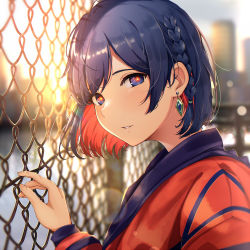 Rule 34 | 1girl, blue eyes, braid, chain-link fence, colored inner hair, earrings, fence, fingernails, highres, hisao 0111, jewelry, kamitsubaki studio, lens flare, looking at viewer, multicolored hair, outdoors, parted lips, red hair, rim (kamitsubaki studio), short hair, solo, sunlight, two-tone hair, virtual youtuber
