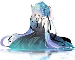 Rule 34 | 1girl, adjusting hair, aqua eyes, aqua hair, arms up, artist name, dress, hatsune miku, highres, long hair, mouth hold, shii (cocoa), solo, twintails, very long hair, vocaloid, white background
