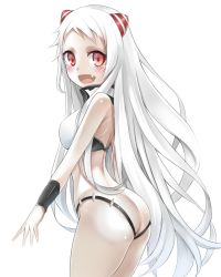 Rule 34 | 10s, 1girl, :d, abyssal ship, airfield princess, ass, bad id, bad pixiv id, breasts, fang, female focus, highres, horns, kantai collection, long hair, looking back, nano (syoutamho), open mouth, personification, red eyes, smile, solo, white hair