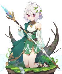 Rule 34 | 1girl, absurdres, antenna hair, bare shoulders, blush, breasts, bridal gauntlets, brown footwear, closed mouth, commentary request, detached sleeves, dress, eyebrows hidden by hair, flat chest, flower, full body, green sleeves, hair between eyes, hair flower, hair ornament, highres, holding, holding polearm, holding spear, holding staff, holding weapon, kneeling, kokkoro (princess connect!), long sleeves, looking at viewer, pointy ears, polearm, princess connect!, puffy long sleeves, puffy sleeves, purple eyes, see-through, see-through sleeves, shibainu, short hair, silver hair, simple background, sleeveless, solo, spear, staff, weapon, white background, white flower