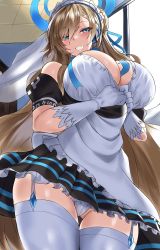 Rule 34 | 1girl, absurdres, apron, asuna (blue archive), bad id, bad pixiv id, black dress, blue archive, blue neckwear, blush, bow, bowtie, breasts, cleavage, dress, elbow gloves, fary5, gloves, headphones, highres, large breasts, light brown hair, long hair, long sleeves, maid headdress, mole, mole on breast, neck ribbon, ribbon, short sleeves, smile, thighhighs, thighs, white apron, white gloves, white thighhighs