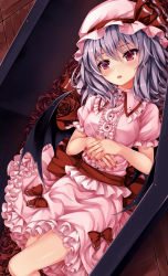 Rule 34 | 1girl, absurdres, bat wings, blush, center frills, coffin, dress, flower, frills, hair between eyes, hat, hat ribbon, head tilt, highres, in container, kitou kaitai, light purple hair, lying, md5 mismatch, mob cap, on back, open mouth, own hands together, pink dress, pink hat, puffy short sleeves, puffy sleeves, red eyes, red flower, red rose, remilia scarlet, resolution mismatch, ribbon, rose, sash, short sleeves, solo, source smaller, thighs, touhou, wings